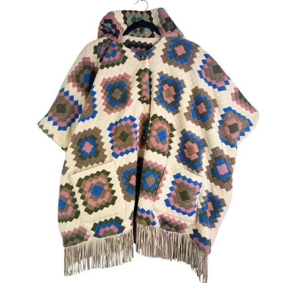 Hutch Rai Reversible Crochet Poncho Boho Granny Square Fringe Oversized M/L - Picture 11 of 14